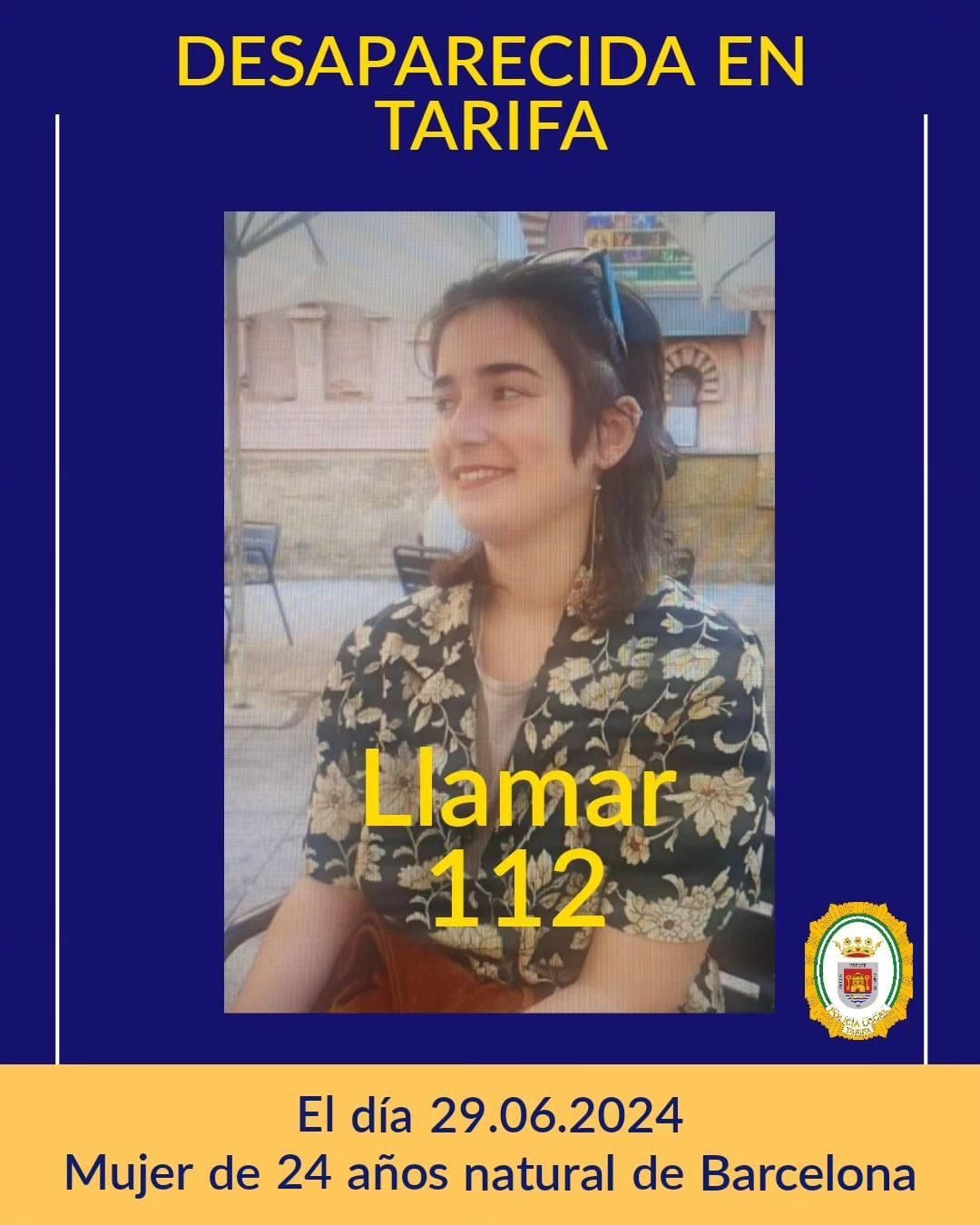 La Policía Local de Tarifa informa de la desaparición de una joven de 24 años, natural de Barcelona. 