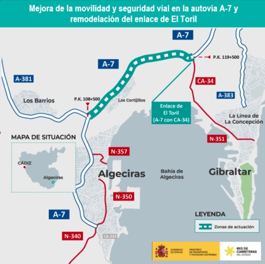 El Gobierno adjudica por 2,37 millones el proyecto para mejorar la A-7 entre los enlaces de San Roque y El Toril. 