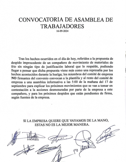 Convocatoria de asamblea de trabajadores por parte del comité de empresa.