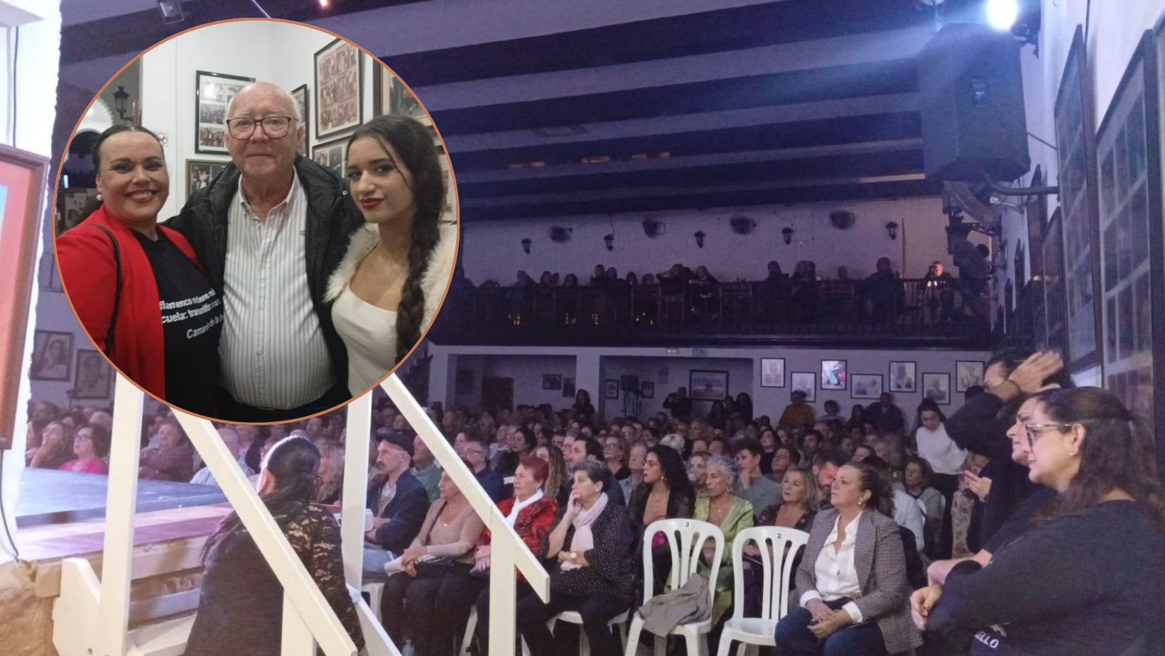 La linense Mariam la Terremoto derrocha arte en la Peña Perla de Cádiz en un evento benéfico. Foto: de izq a dcha, Marisa Sainz, Paco Real y Mariam la Terremoto.